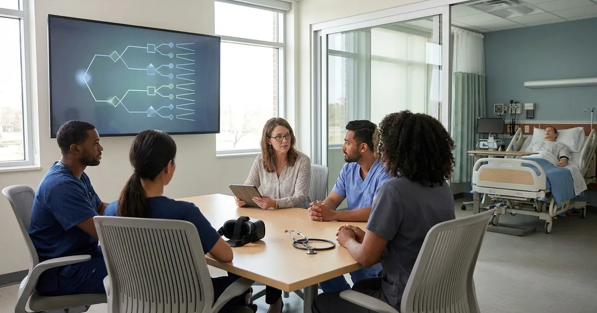 Nursing students and a faculty instructor in a simulation lab debriefing in front of a screen showing a branching decision diagram, with a VR headset and stethoscope on the table and a simulation bay behind them
